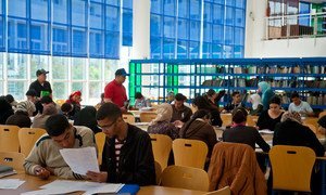Students at a university library in Rabat, Morocco.