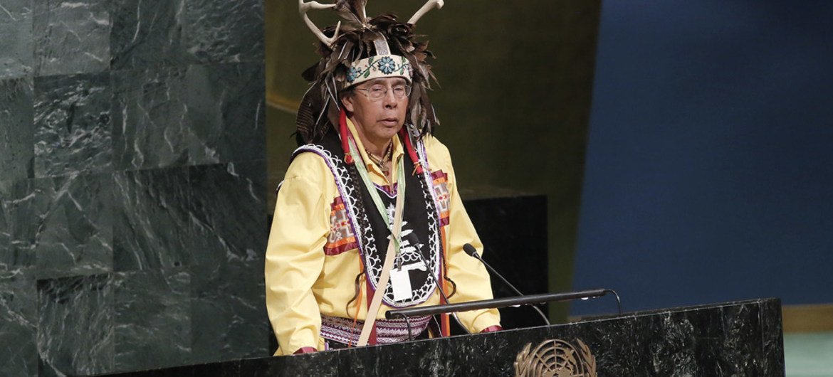 Tadodaho Sid Hill, Chief of the Onondaga Nation, delivers the ceremonial welcome at the opening of the Sixteenth Session of the United Nations Permanent Forum on Indigenous Issues.
