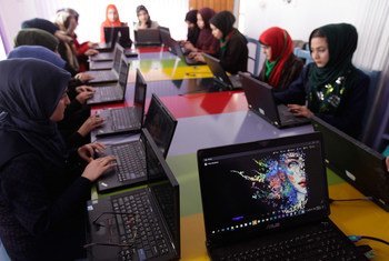 阿富汗西部的女孩在一个技术中心学习编码。联阿援助团图片/Fraidoon Poya