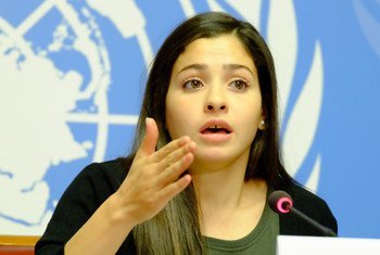 La réfugiée syrienne Yusra Mardini à Genève lors de sa nomination comme Ambassadrice de bonne volonté du HCR. Photo ONU/Daniel Johnson