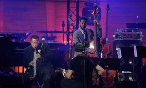 (Left-right) Wayne Shorter, Dhafer Youssef and Ben Williams perform on stage during the International Jazz Day 2015 Global Concert at UNESCO on April 30, 2015 in Paris, France. (Photo by Kristy Sparow/Getty Images for Thelonious Monk Institute of Jazz)