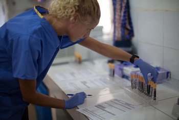 Kimberley Steeds, Ebola vaccine trial team member, in the Ebola vaccine laboratory, Donka Hospital in Conakry, Guinea.