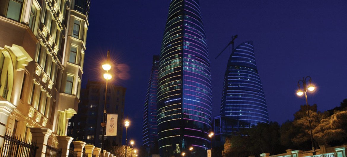 Night time view of Baku, Azerbaijan.