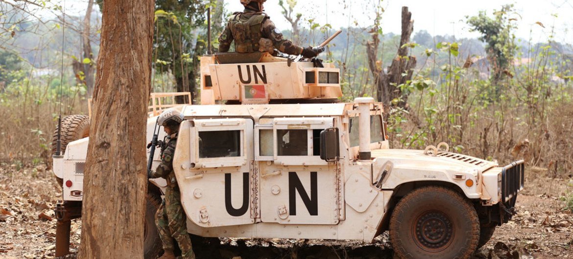 Peacekeepers with the United Nations Multidimensional Integrated Stabilization Mission in the Central African Republic (MINUSCA) on patrol in Bambari.