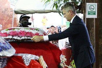Under-Secretary-General for Peacekeeping Operations Jean-Pierre Lacroix takes part in a ceremony honouring five peacekeepers killed in an attack on their convoy on 8 May 2017 in southeast Central African Republic (CAR).