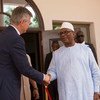 President Ibrahim Boubacar Keïta of Mali (right) greets Under-Secretary-General for Peacekeeping Operations Jean-Pierre Lacroix at the start of his three-day visit.