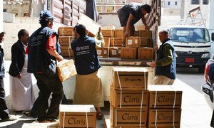 Acheminement de produits et matériels médicaux pour la lutte contre le choléra au Yémen par l'Organisation mondiale de la santé (OMS) en réponse à l'épidémie qui frappe le pays.