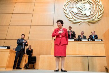 Lors de la 70e Assemblée mondiale de la Santé à Genève, Margaret Chan fait sa dernière apparition en tant que Directrice générale de l'Organisation mondiale de la santé (OMS). Photo OMS
