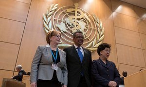 Dr Tedros Adhanom Ghebreyesus, WHO Director-General-Elect (centre), with Dr Veronika Skvortsova, President of the 70th World Health Assembly (left), and Dr Margaret Chan, WHO Director-General.