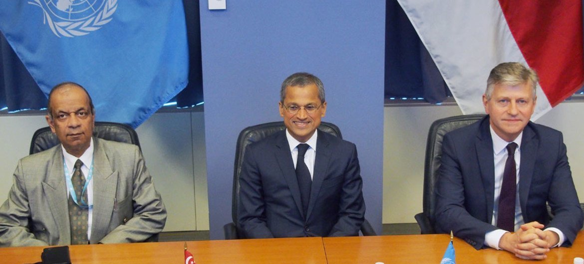 Pictured from left: Atul Khare, Under-Secretary-General for Field Support, Ambassador Burhan Gafoor of Singapore and Under-Secretary-General for Peacekeeping Operations Jean-Pierre Lacroix.