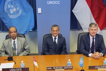 Pictured from left: Atul Khare, Under-Secretary-General for Field Support, Ambassador Burhan Gafoor of Singapore and Under-Secretary-General for Peacekeeping Operations Jean-Pierre Lacroix.