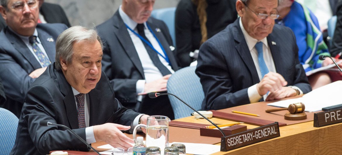 Secretary-General António Guterres (front left) addresses the Security Council meeting on the protection of civilians and medical care in armed conflict. At right is Rodolfo Nin Novoa, Minister for Foreign Affairs of Uruguay and President of the Council for May.