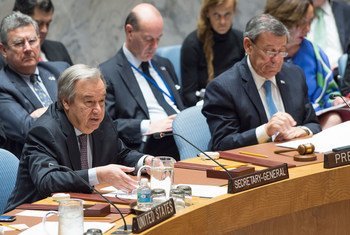 Secretary-General António Guterres (front left) addresses the Security Council meeting on the protection of civilians and medical care in armed conflict. At right is Rodolfo Nin Novoa, Minister for Foreign Affairs of Uruguay and President of the Council f