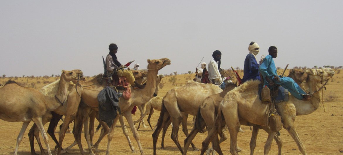 Tuareg refugees ride camels to the desert area of Initkan, Niger, where they received UNHCR assistance.