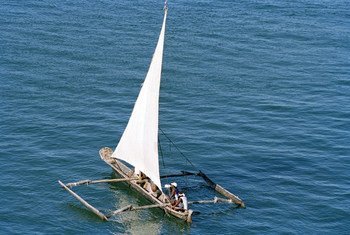 Fishing boat in the Indian Ocean off the island of Mombasa.