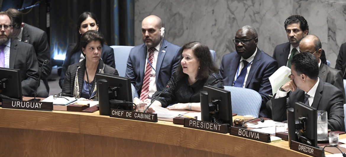 Maria Luiza Ribeiro Viotti (centre), Chef de Cabinet to the Secretary-General, addresses the Security Council meeting on options for authorization and support for African Union peace support operations