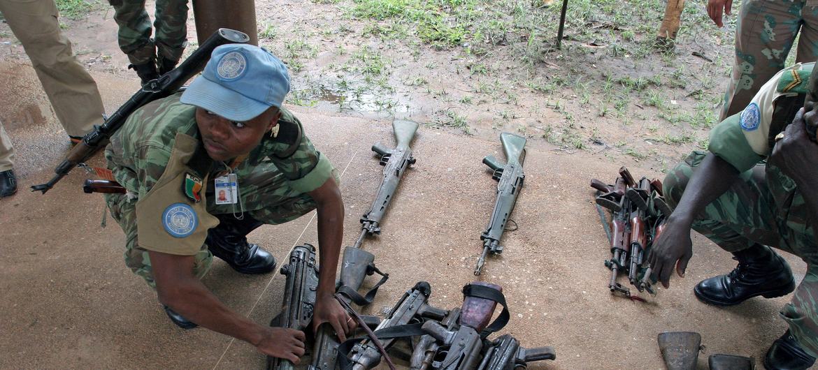 Un Casque bleu de l'ONUCI inspecte des armes remises par des miliciens dans le cadre du processus de DDR en Côte d'Ivoire (archives). Photo ONU/Ky Chung