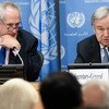 Secretary-General António Guterres (right) addresses journalists at a press conference at UN Headquarters.