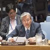 联合国秘书长阿富汗事务特别代山本忠通（Tadamichi Yamamoto）在安理会会议上发言。