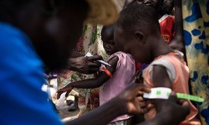 A UNICEF nutrition volunteer measures the mid-upper arm circumference (MUAC) of a child during a health screening as part of a UNICEF Rapid Response Mission to the village of Aburoc, South Sudan.