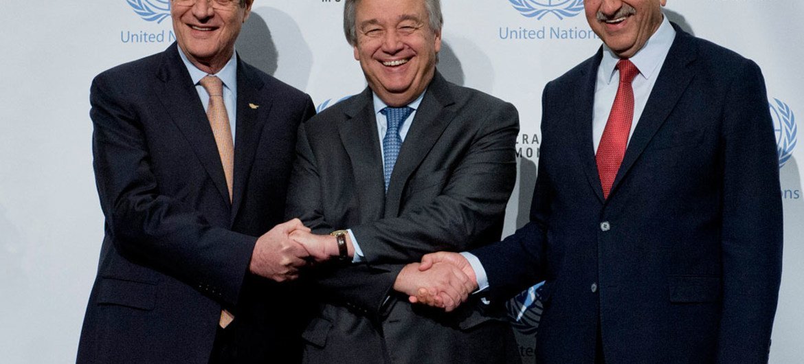 Secretary-General António Guterres (centre) with Mustafa Akinci (right) Turkish Cypriot leader and Nicos Anastasiades (left) Greek Cypriot leader during Cyprus talks.