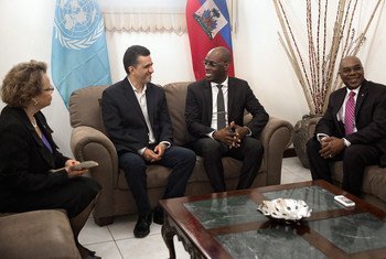 Ambassador Sacha Sergio Llorentty Solíz (centre left) of Bolivia  and President of the Security Council for June, with PresidentJovenel Moise (centre right) of Haiti, during a three-day visit of a Security Council delegation to Haiti.