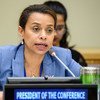 哥斯达黎加常驻联合国代表戈麦兹（Elayne Whyte Gómez）就《禁止核武器条约》获得通过发表讲话。 联合国图片/ Manuel Elias
