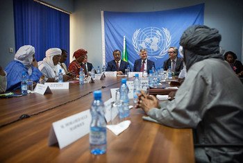 Representatives of of the signatory groups (Plateforme and CMA), pictured here in the foreground, meet with the head of the Department of Peacekeeping Operations, Jean-Pierre Lacroix (center) and Mahamat Saleh Annadif (left), head of MINUSMA, in May 2017.