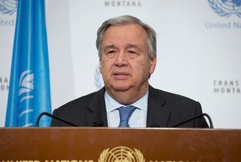 Le Secrétaire général de l’ONU, António Guterres, lors d'une conférence de presse à l'issue des pourparlers sur Chypre à Crans-Montana.