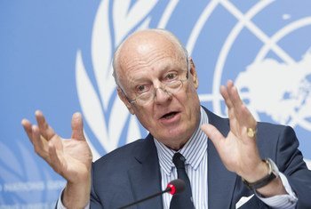 Staffan de Mistura, United Nations Special Envoy for Syria briefs the press on the first day of the Seventh round of the Intra-Syrian talks in Geneva.