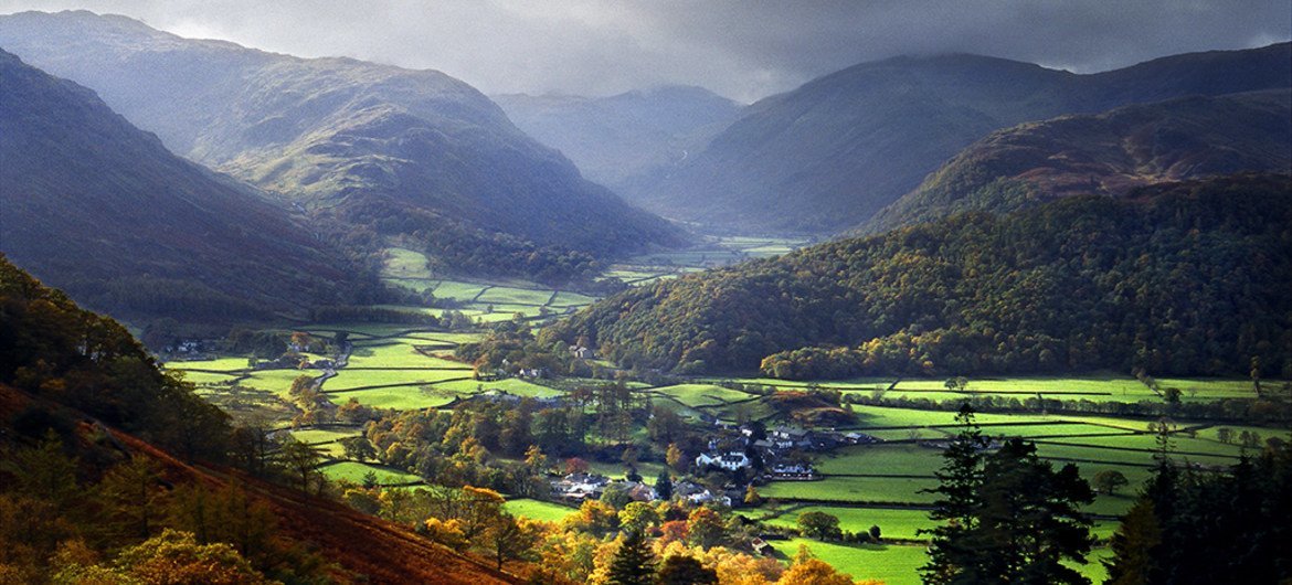 Autumn light over Rosthwaite. Rosthwaite is part of the English Lake District located in North West England.