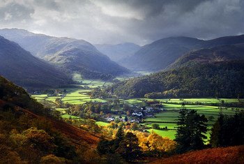 Autumn light over Rosthwaite. Rosthwaite is part of the English Lake District located in North West England.
