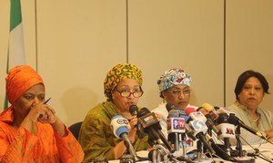 Deputy Secretary-General Amina J. Mohammed (second from the left), alongside UN Women Executive Director Phumzile Mlambo-Ngcuka, Special Representative of the Secretary-General on Sexual Violence in Conflict Pramila Patten, and Minister of Women Affairs and Social Development of Nigeria, Aisha Alhassan, speaking to the press in Abuja.