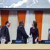 Economic and Social Council elections: Pictured, (right centre) incoming ECOSOC President, Ambassador Marie Chatardová of the Czech Republic shakes hand with outgoing President, Frederick Musiiwa Makamure Shava; and (far left) Wu Hongbo, Under-Secretary-G