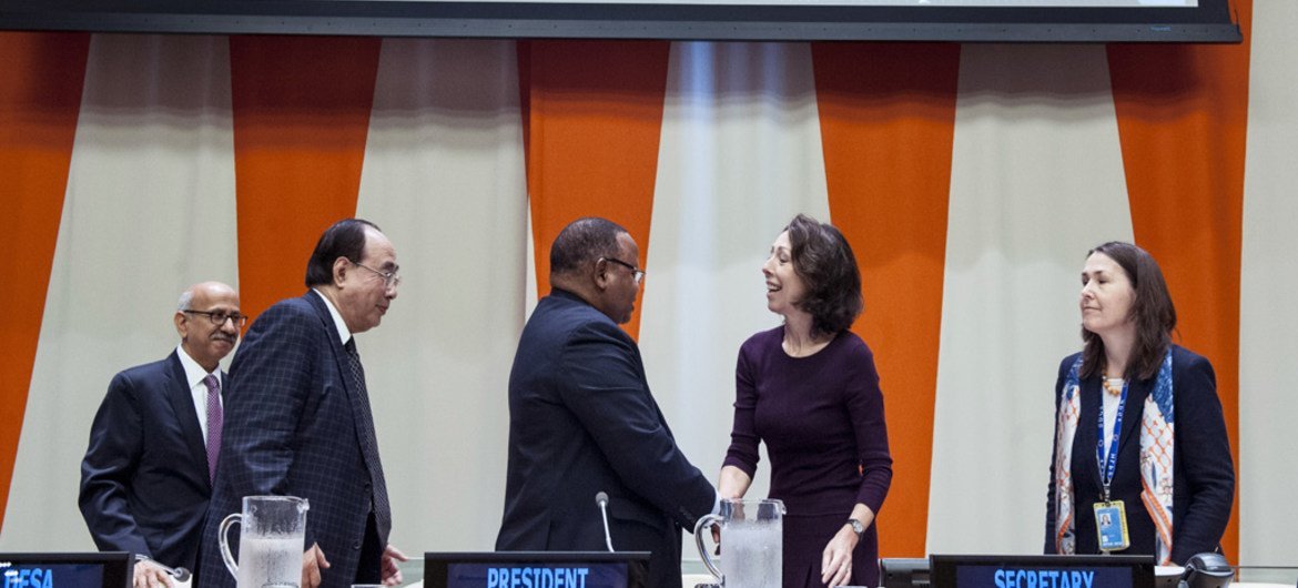 Economic and Social Council elections: Pictured, (right centre) incoming ECOSOC President, Ambassador Marie Chatardová of the Czech Republic shakes hand with outgoing President, Frederick Musiiwa Makamure Shava; and (far left) Wu Hongbo, Under-Secretary-G