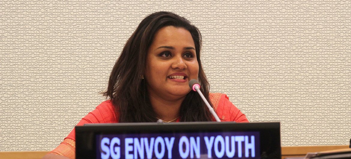 Jayathma Wickramanayake delivers her first public remarks as Youth Envoy at the commemoration of World Youth Skills Day at UN Headquarters.