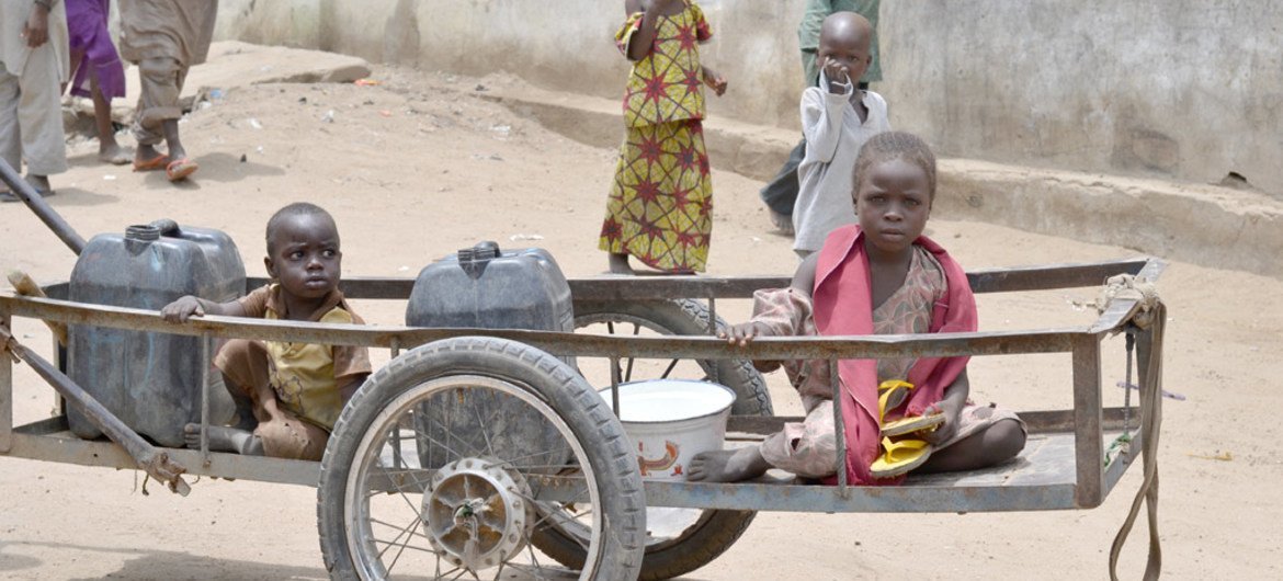 尼日利亚博尔诺州一名8岁的流离失所儿童及其5岁的弟弟。