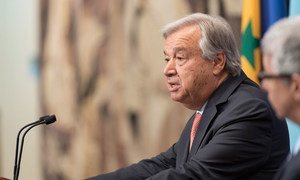 Secretary-General António Guterres speaks to journalists at a press encounter.