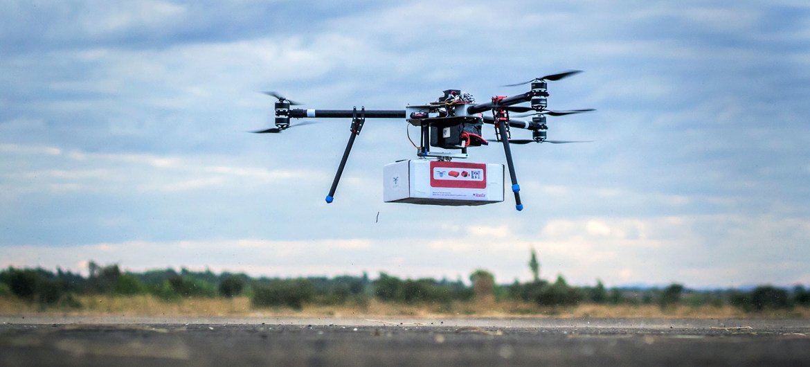 On 28 June 2017, UNICEF Innovation team tests an unmanned aerial vehicle (UAV), also known as a drone, carrying a cargo payload box, which can potentially carry humanitarian supplies at Kasungu Aerodrome in central Malawi.