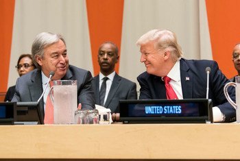 Le Secrétaire général des Nations Unies, António Guterres et le Président des Etats-Unis, Donald Trump (à droite) lors de la réunion de haut niveau consacrée à la réforme de l'ONU.