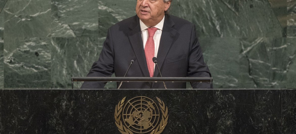 El Secretario General de la ONU, António Guterres, se dirige a la Asamblea General. Foto: ONU/Cia Pak