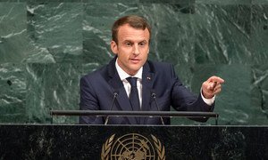 Le Président de la France, Emmanuel Macron, lors du débat général de l'Assemblée générale. Photo ONU/Cia Pak
