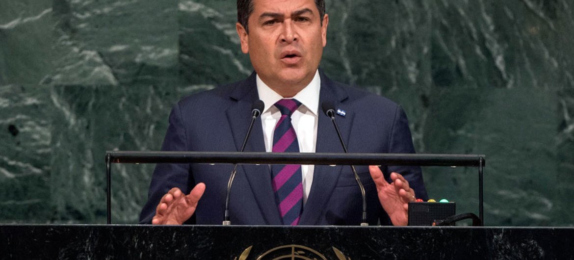 El presidente de Honduras,Juan Orlando Hernández, en el deabte de alto nivel  dela Asamblea General de la ONU. Foto:ONU/Cia Park
