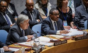 Le Secrétaire général de l'ONU, António Guterres (à gauche) devant le Conseil de sécurité. A sa droite, le Premier ministre d'Ethiopie, Hailmariam Dessalegn, dont le pays préside le Conseil de sécurité en septembre. Photo ONU/Manuel Elias