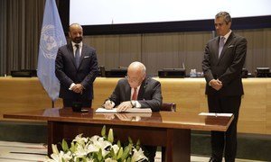 Signing ceremony at UN Headquarters in New York for the Treaty on the Prohibition of Nuclear Weapons, 20 September 2017.