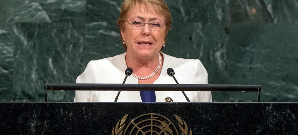 La presidenta de Chile, Michelle Bachelet, en la Asamblea General de la ONU. Foto: ONU/Cia Pak