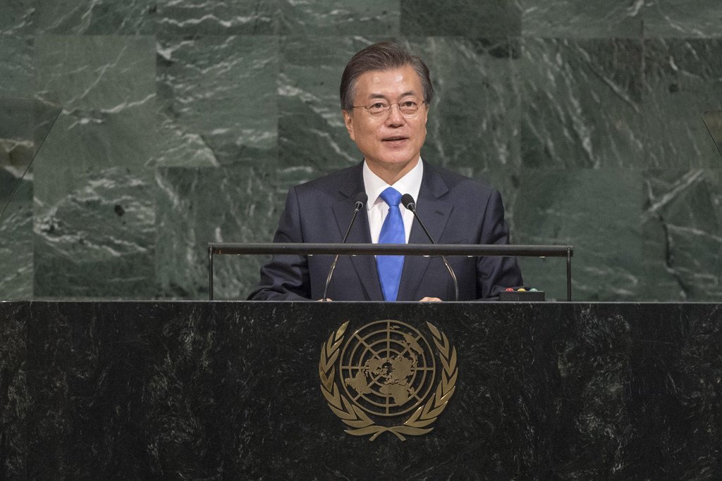 韩国总统文在寅在联大一般性辩论中发言。联合国图片/Cia Pak