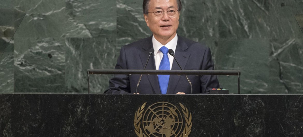 韩国总统文在寅在72届联大一般性辩论中发言。联合国图片/Cia Pak