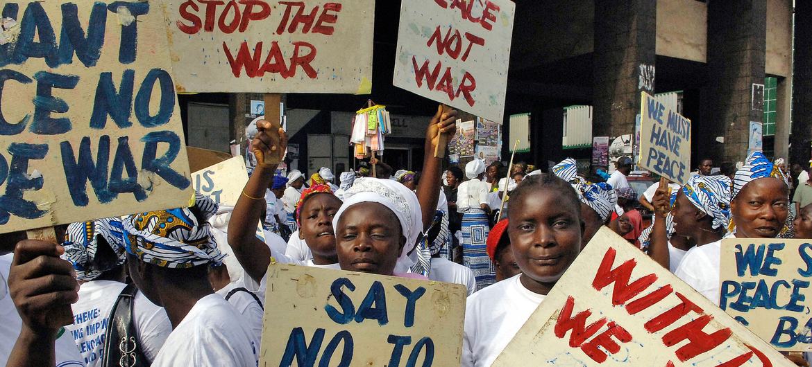 Women and girls in Monrovia, Liberia, staged a peaceful sit-in protest against gender-based violence in 2007.