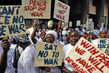 Women and girls in Monrovia, Liberia, staged a peaceful sit-in protest against gender-based violence in 2007.
